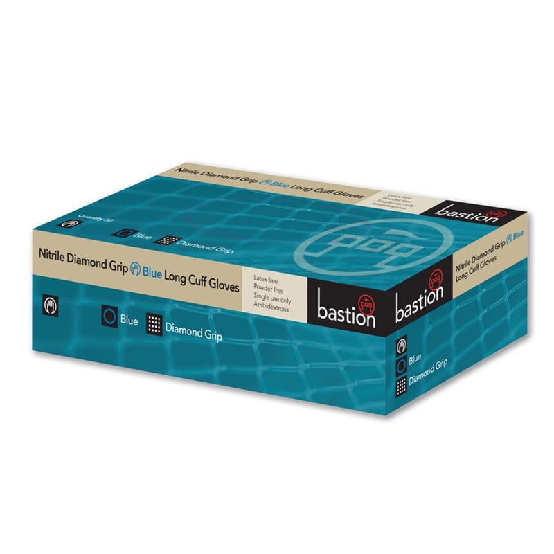 Bastion Blue Nitrile Diamond Grip Long Cuff Powder Free Gloves