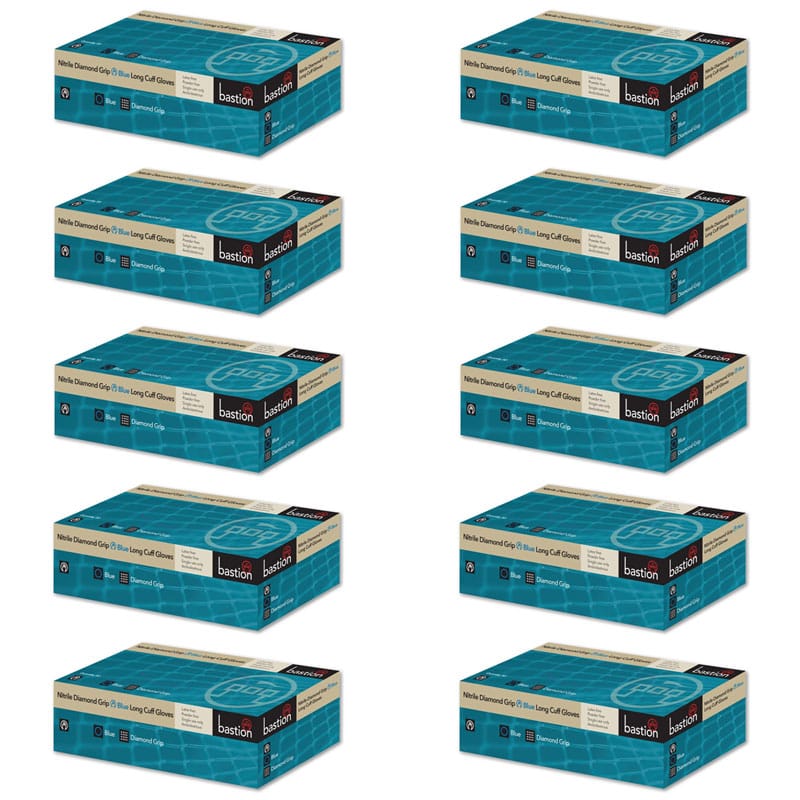 Bastion Blue Nitrile Diamond Grip Long Cuff Powder Free Gloves