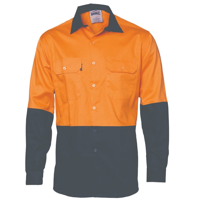 Hi-Vis Two Tone Orange & Navy Cool-Breeze Cotton Long Sleeve Shirt