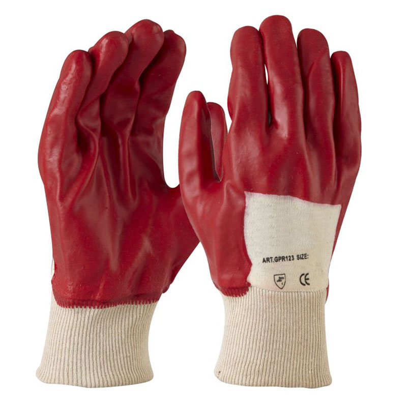 Red Knit Wrist PVC Gloves Single 3/4 Dipped