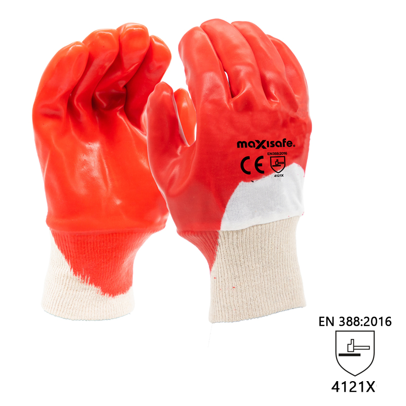 Red Knit Wrist PVC Gloves Single 3/4 Dipped